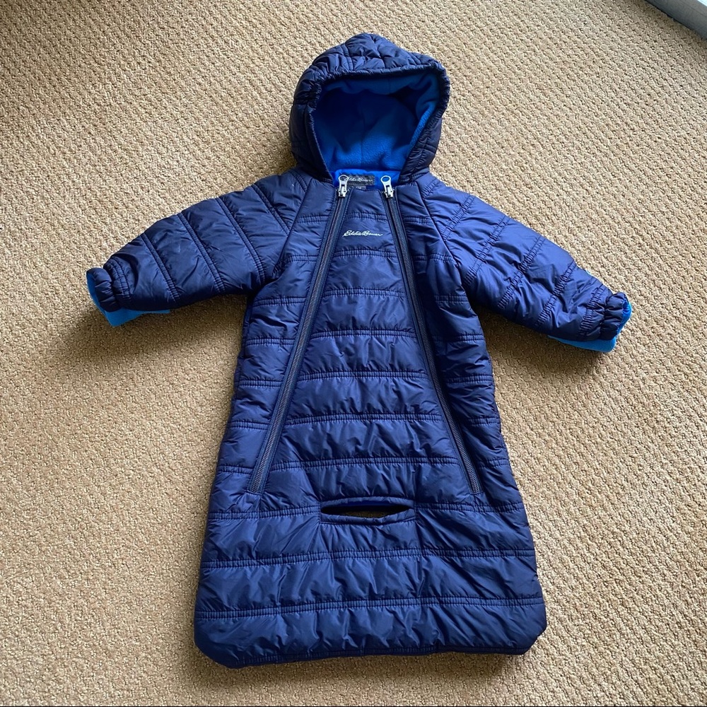 Eddie Bauer 3-6 M Baby Carseat Stroller Bunting Snowsuit Blue Lined Insulated